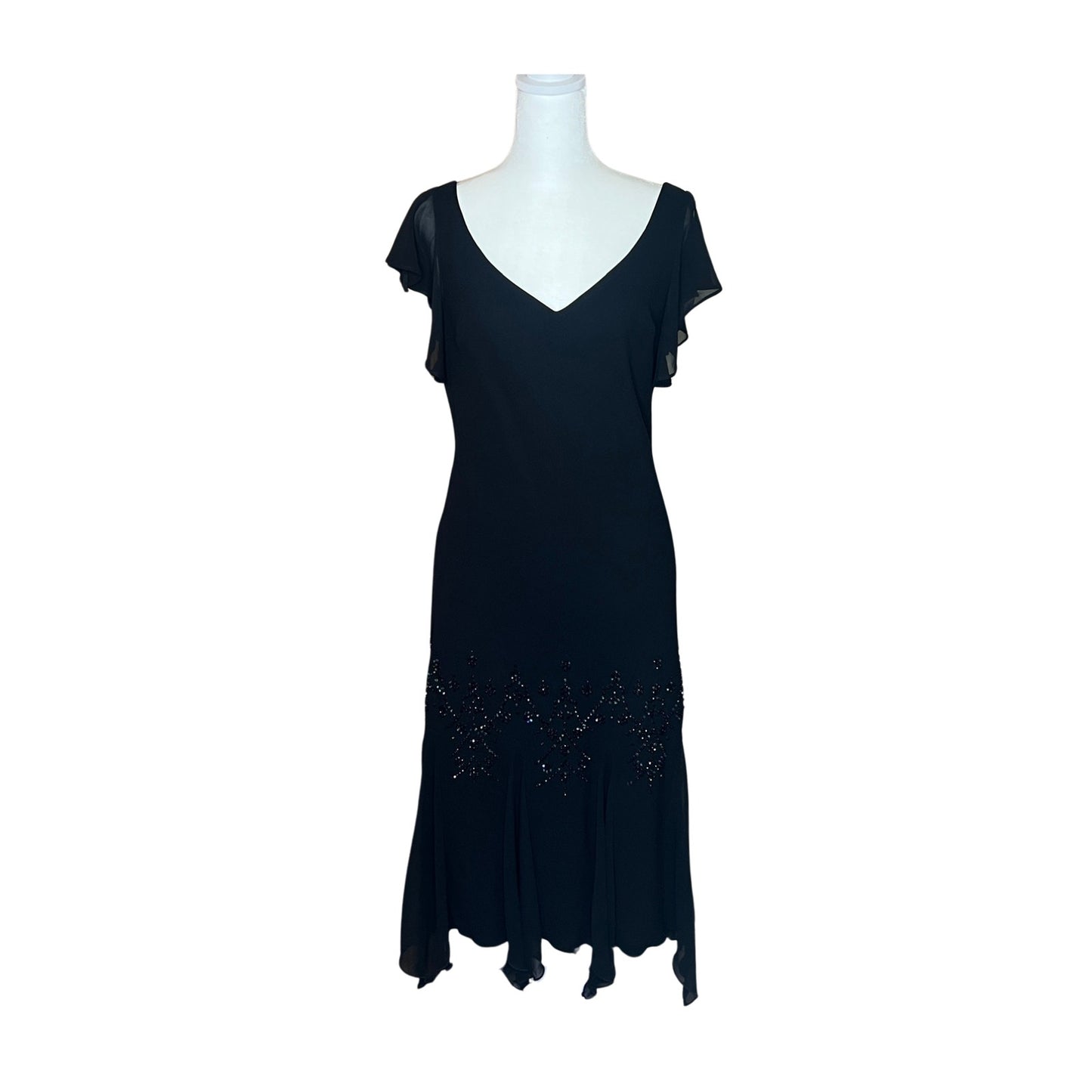 Vtg 90s SL Fashions Hankerchief Dress 12 Black Beaded Fairy Witchy Formal NYE Cocktail