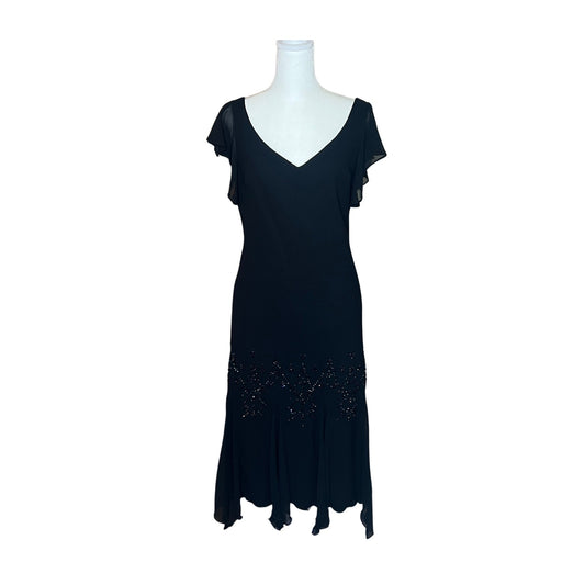 Vtg 90s SL Fashions Hankerchief Dress 12 Black Beaded Fairy Witchy Formal NYE Cocktail