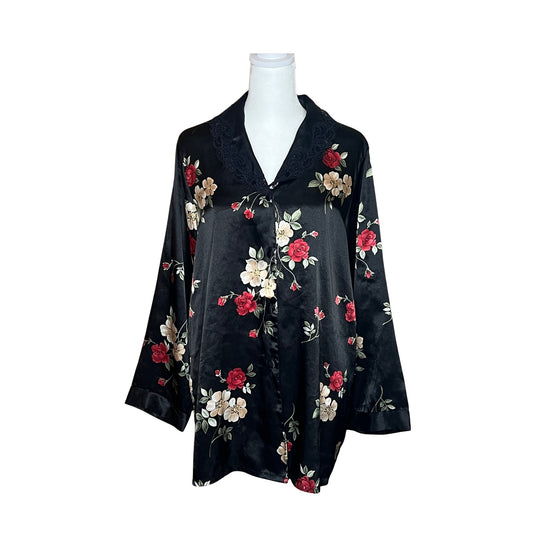 Vtg 90s Adonna Satin Pajama Shirt M Black Red Floral Lace Holiday Feminine Romantic
