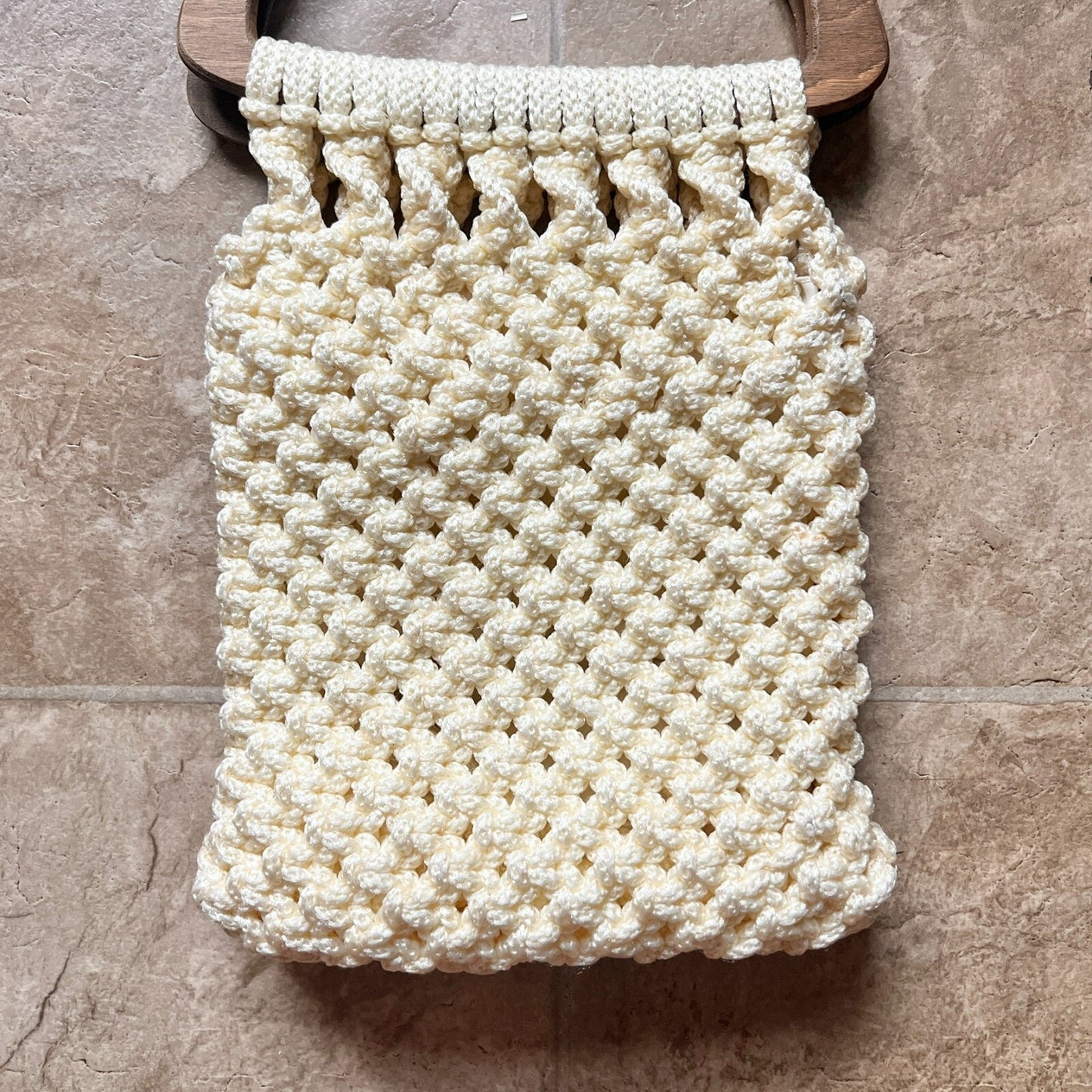 Vintage Macrame Wooden Handle Bag Crochet Cream Floral Lining