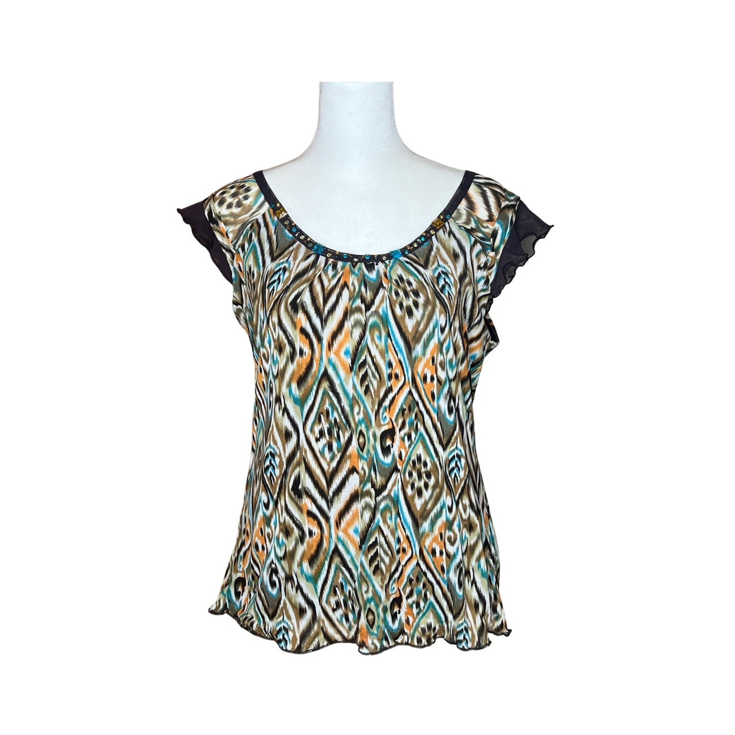 Vintage Y2K Tribal Top M Brown Geometric Rhinestones Fairy Whimsigoth Groovy