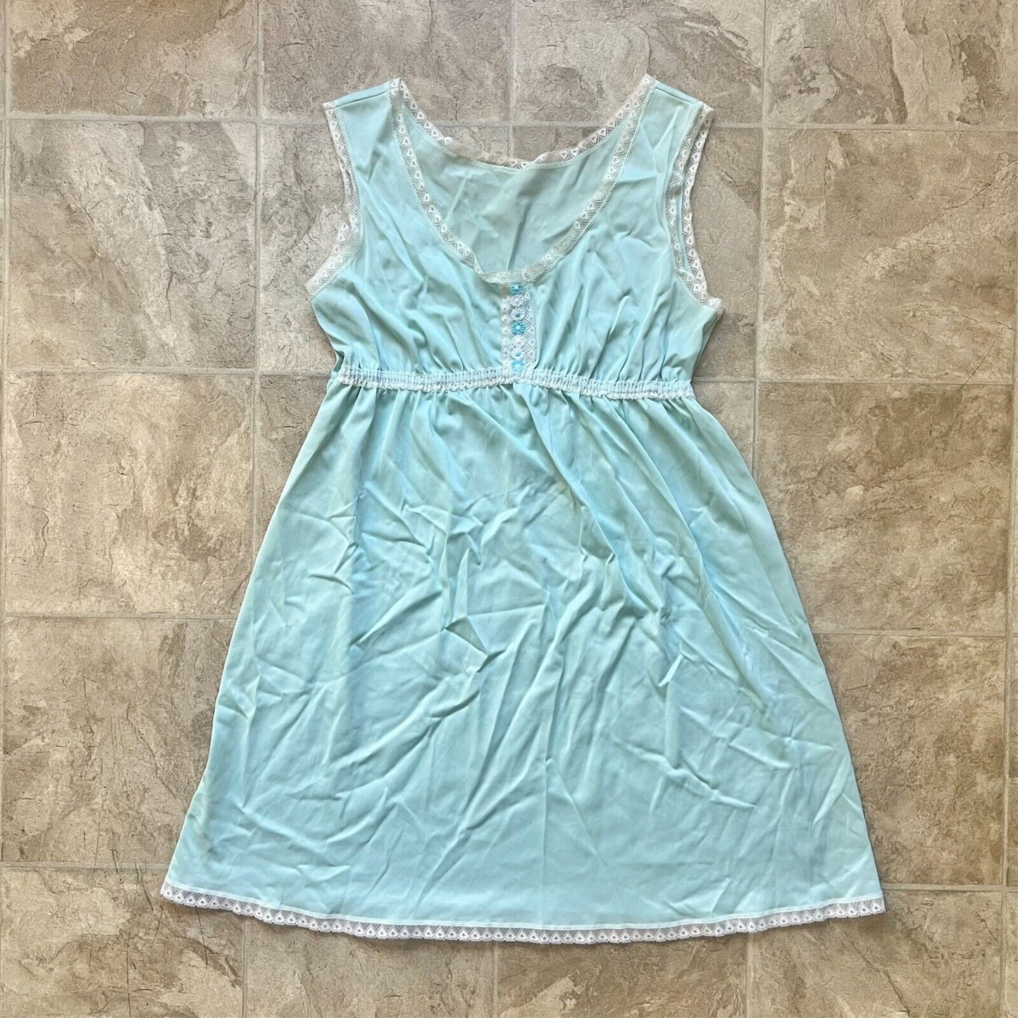 Vintage 60s Babydoll Slip Dress M Blue Lace Trim Coquette Fairy Dainty Feminine