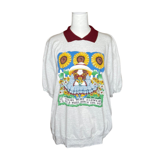 Vintage 90s Sunflower Garden Girl Shirt L Faux Collar Cottagecore Whimsical Boho