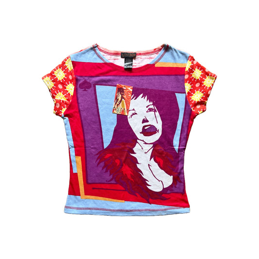 Vintage Deadstock Y2K Custo Barcelona Hayes Womens Top Size M Multi-color All Over Print Fitted Euro Rave