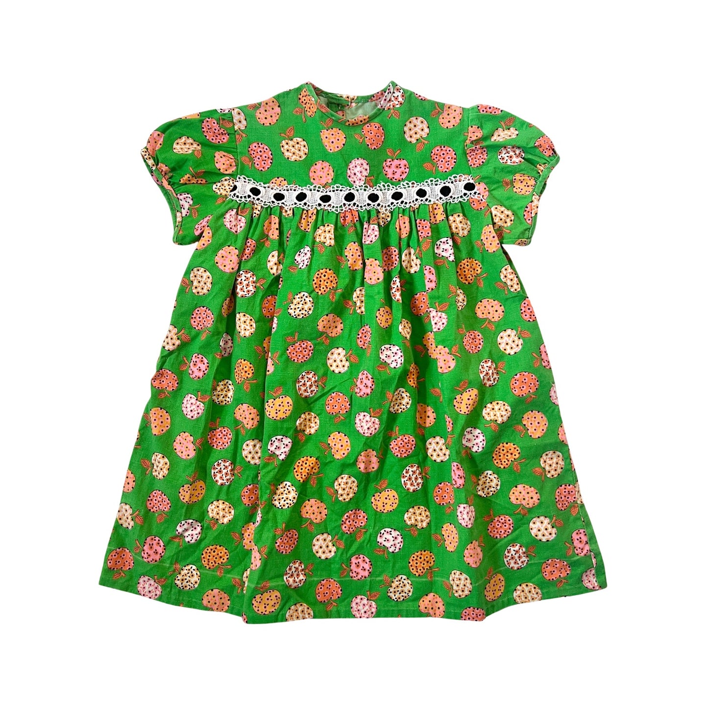 Vtg 70s Babydoll Dress Green Floral Apple Fruit Print Whimsical Kitschy Artsy