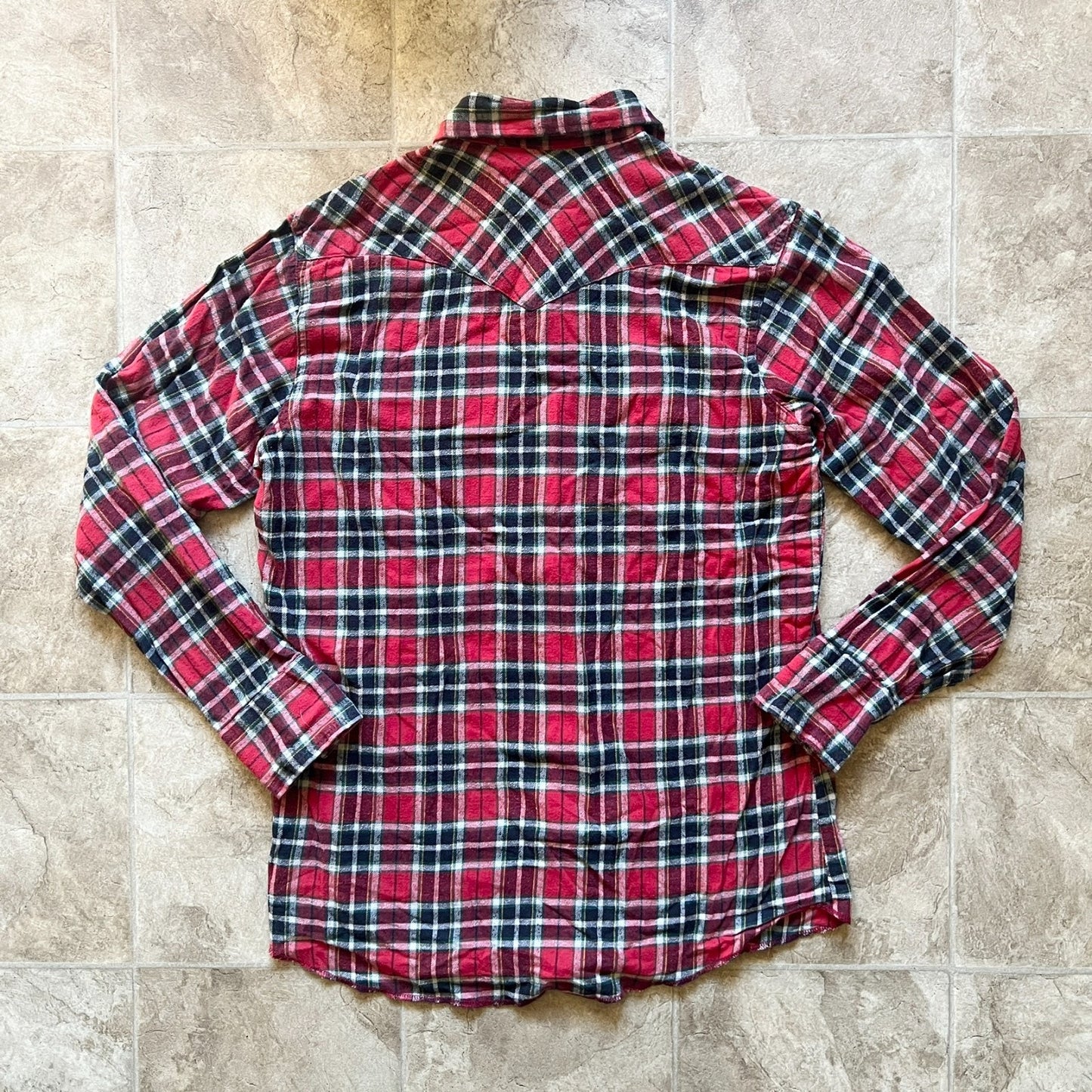 Vintage 90s Wrangler Mens Flannel Shirt Size L Red Plaid Pearl Snap Buttons Western Country