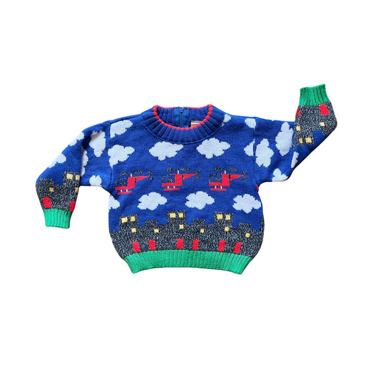 Vintage 90s Toddler Baby Novelty Sweater Size 12 Months Multi-color Clouds Helicopter Cityscape School Retro Maximalist Unique
