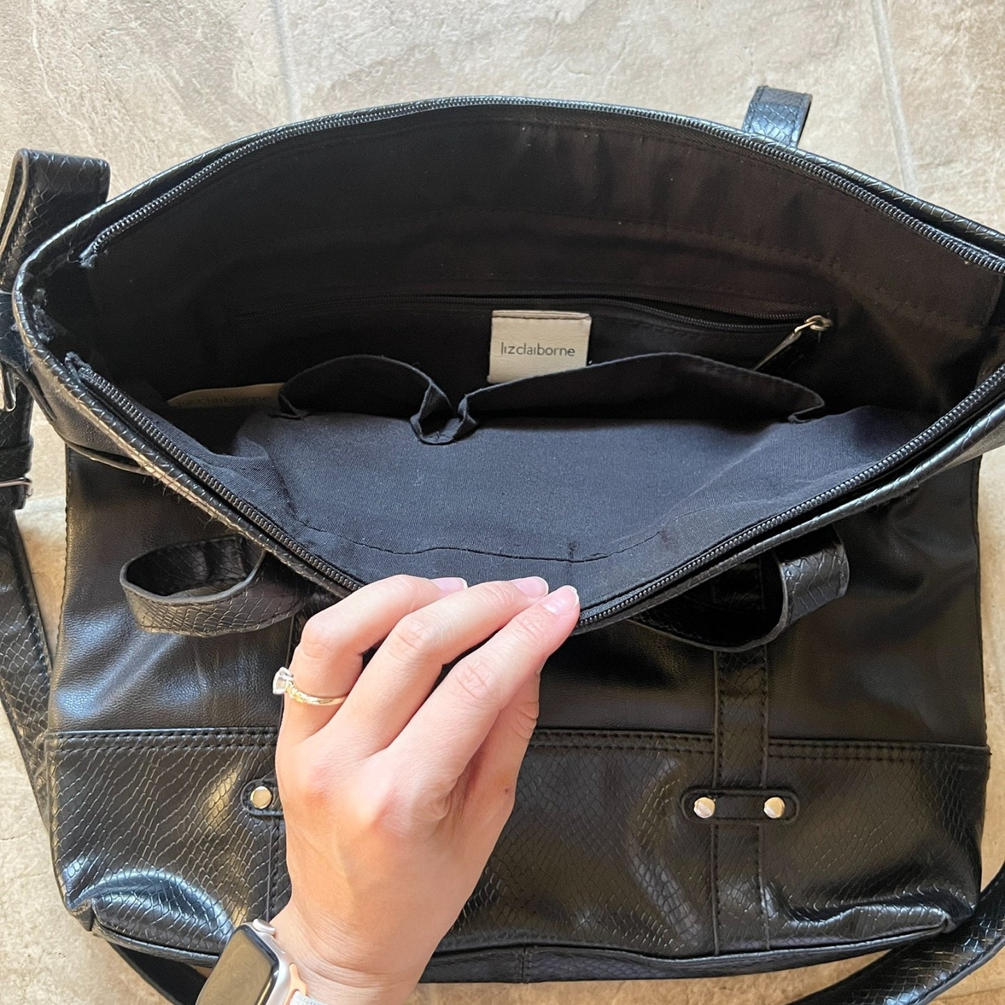 Vtg Y2K Liz Claiborne Black Faux Leather Tote Bag Removable Straps Work Business