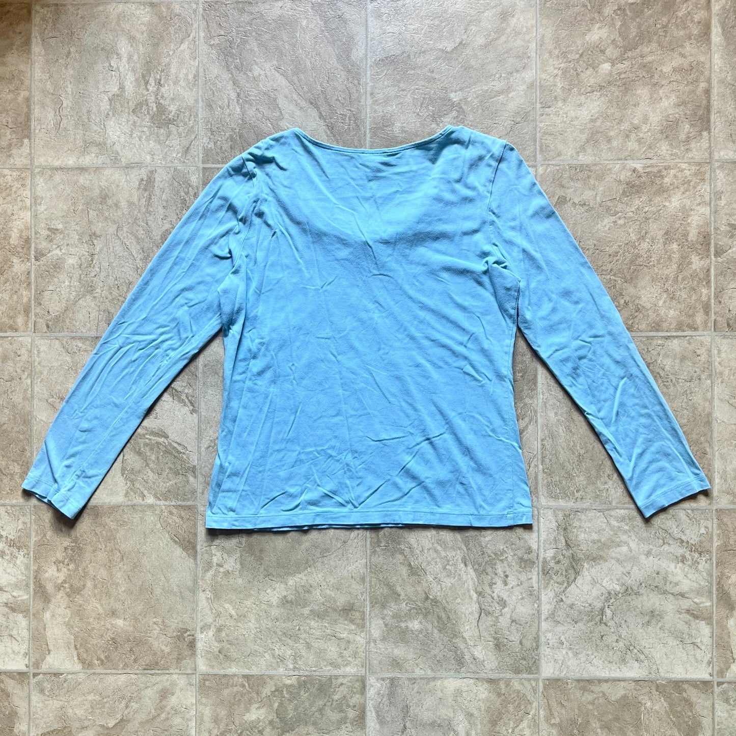 Talbots Womens Blue Ruffled Blouse Size L Pima Cotton Blend Pleated Neckline Feminine