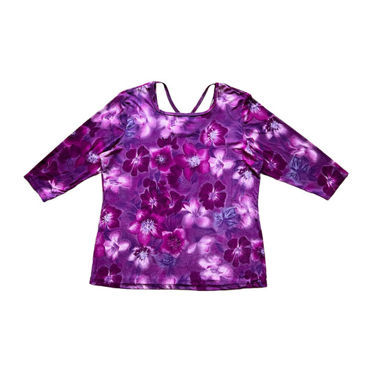 Vintage Y2K Fashion Bug Womens Top Size 18/20 Fuschia Purple Floral Print Slinky Stretchy Resort Vacation