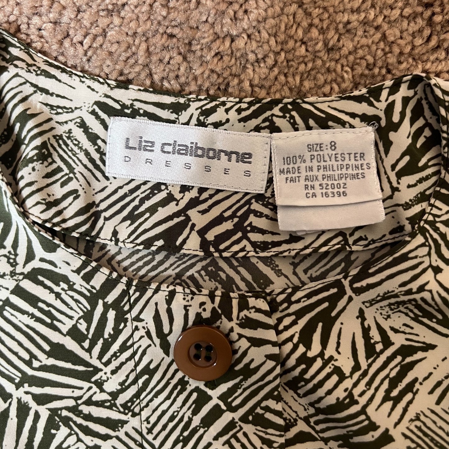 Vtg 90s Liz Claiborne Dress Size 8 Green Abstract Tropical Resort Botanical Boho