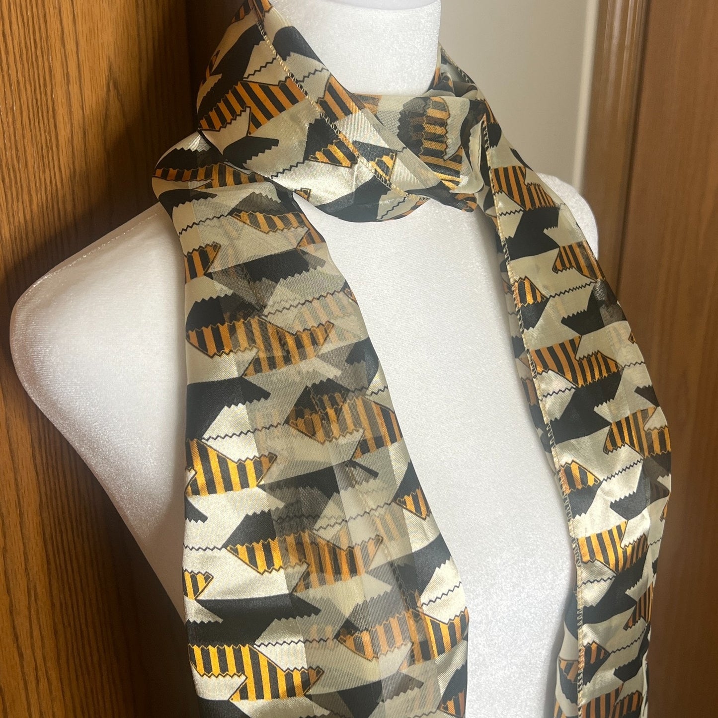 Vtg 80s Geometric Scarf Gold Black Semi Sheer Groovy Artsy Eclectic Maximalist