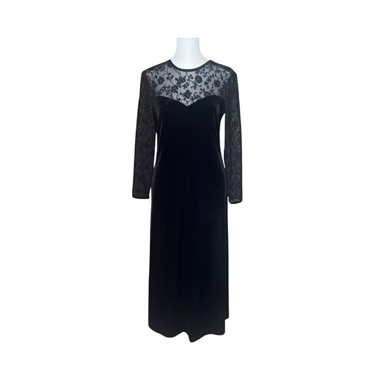 Vintage 90s Robbie Bee Womens Velvet Maxi Dress Size 6P Black Floral Mesh Sparkle Witchy Whimsigoth