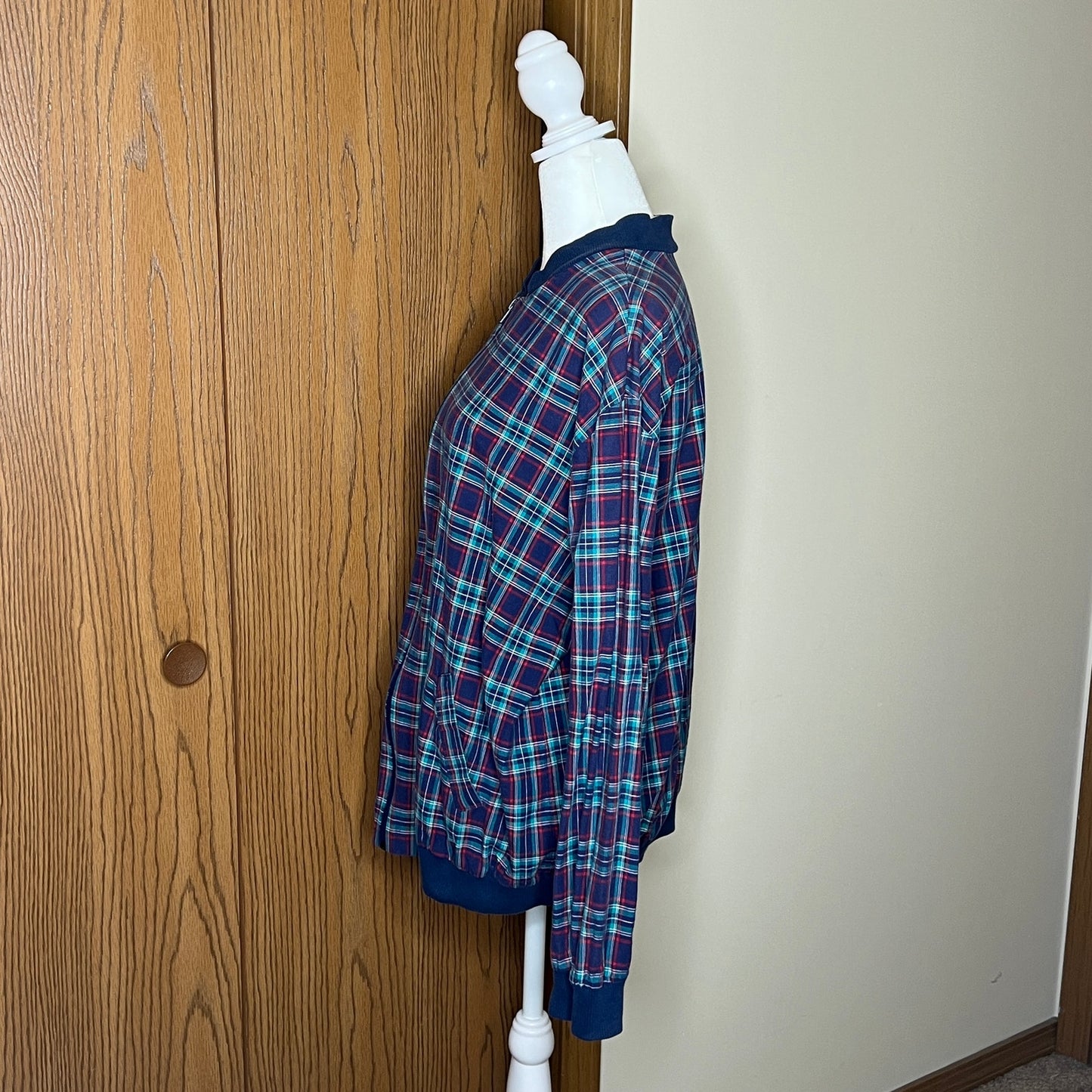 Vtg 90s Alfred Dunner Blue Tartan Plaid Bomber Jacket Light-weight Classic Holiday Alternative