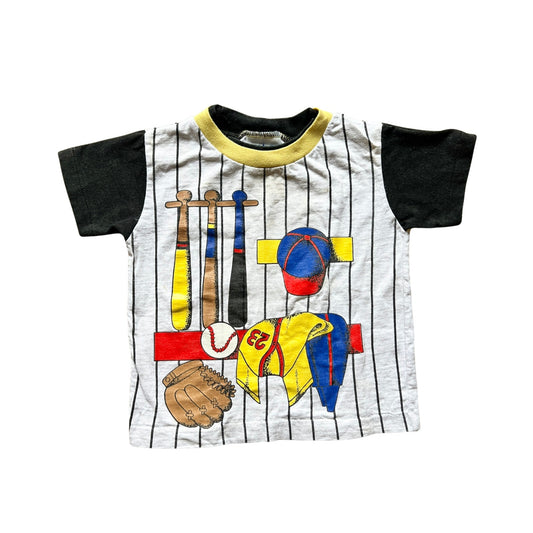 Vtg 80s Wee Works Baseball Graphic Print T-Shirt Size 2 Striped Sporty Retro
