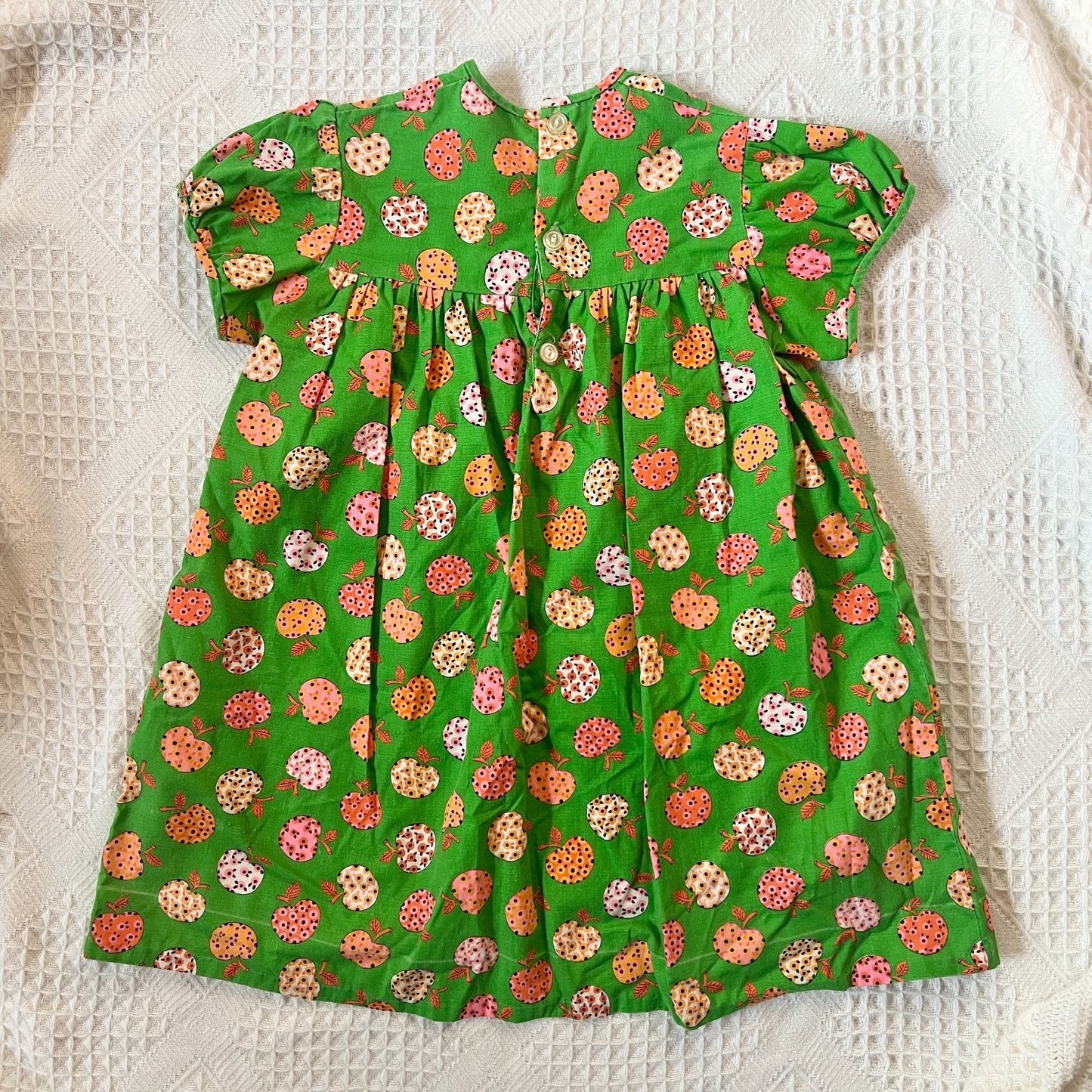 Vtg 70s Babydoll Dress Green Floral Apple Fruit Print Whimsical Kitschy Artsy