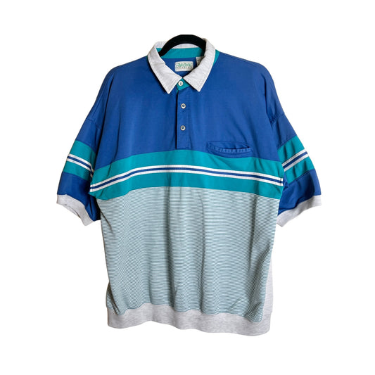 Vtg 80s Mens Polo Shirt XL Colorblock Striped Sporty Beachy Coastal Retro Pop