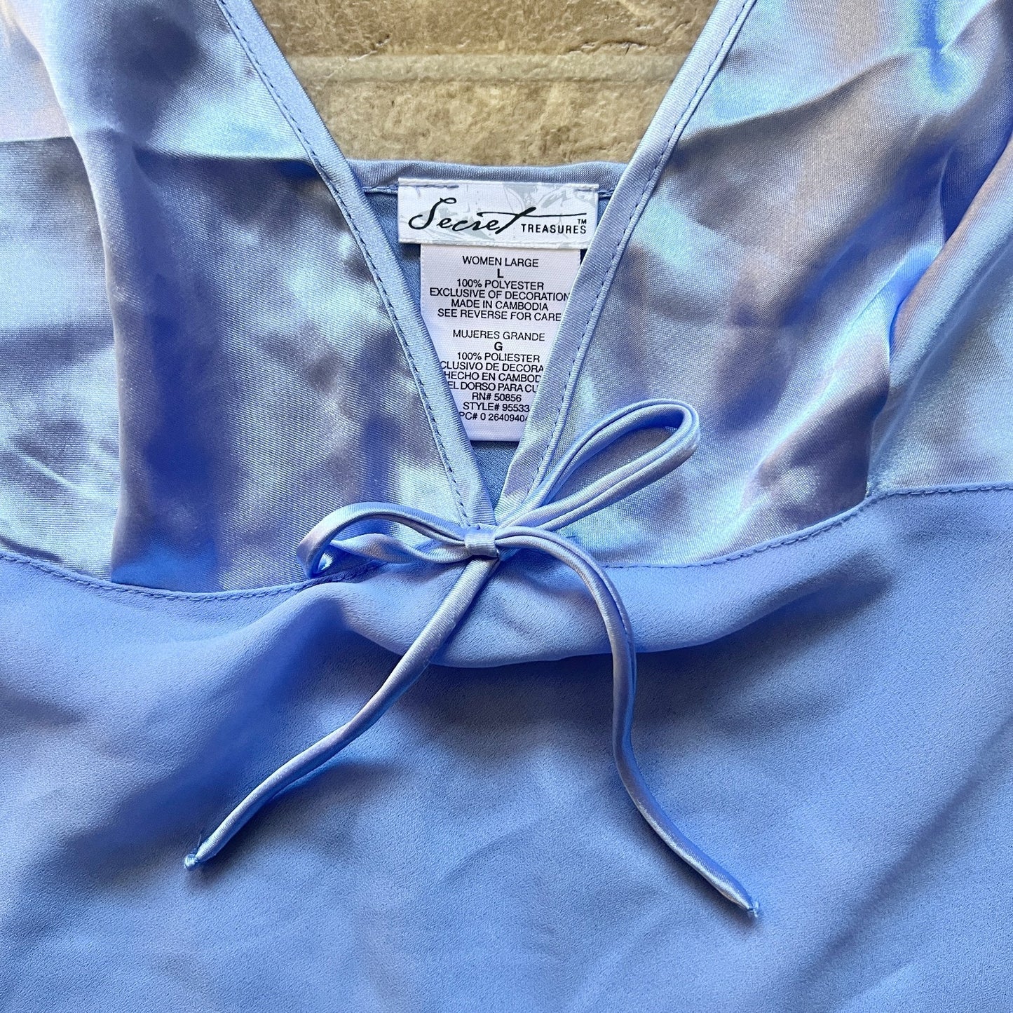 Vintage Y2K Secret Treasures Womens Babydoll Slip Dress Size L Blue Periwinkle Satin Shiny Sheer Ribbon Tie Fairy Romantic