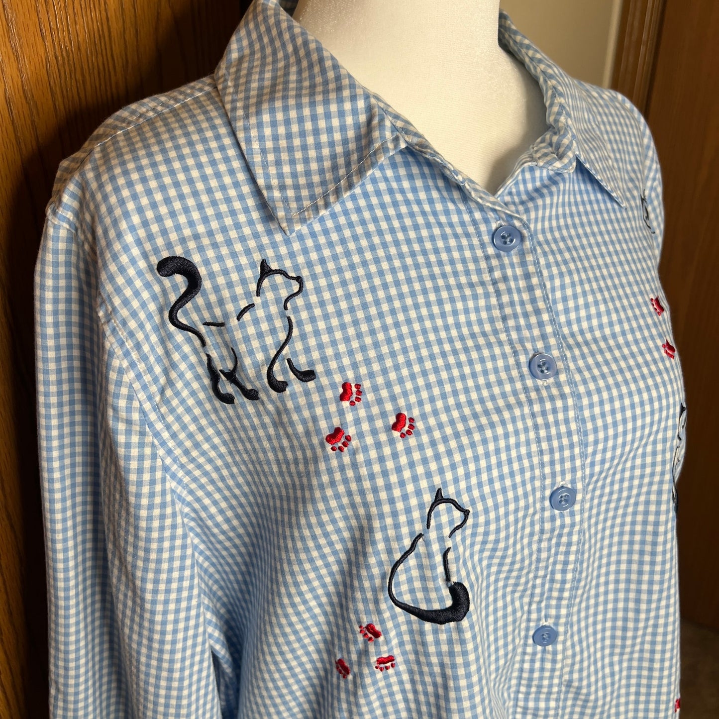 Vtg Breckenridge Embroidered Cat Button-up Gingham Cottage Whimsical Farmhouse