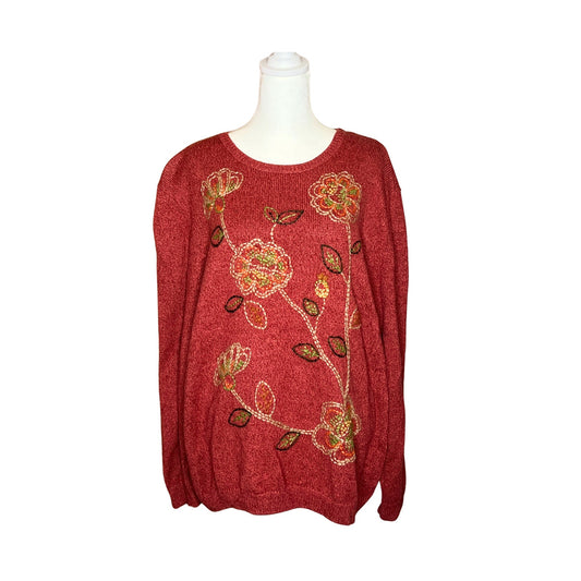 Vtg Womens Sweater 1X Red Orange Embroidered Flower Boho Hippie Cottagecore Cozy