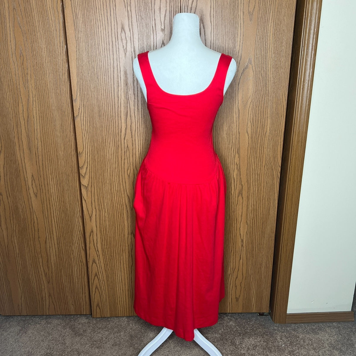 Vintage 80s Oops California Midi Dress Tomato Red Drop Waist Whimsical Romantic