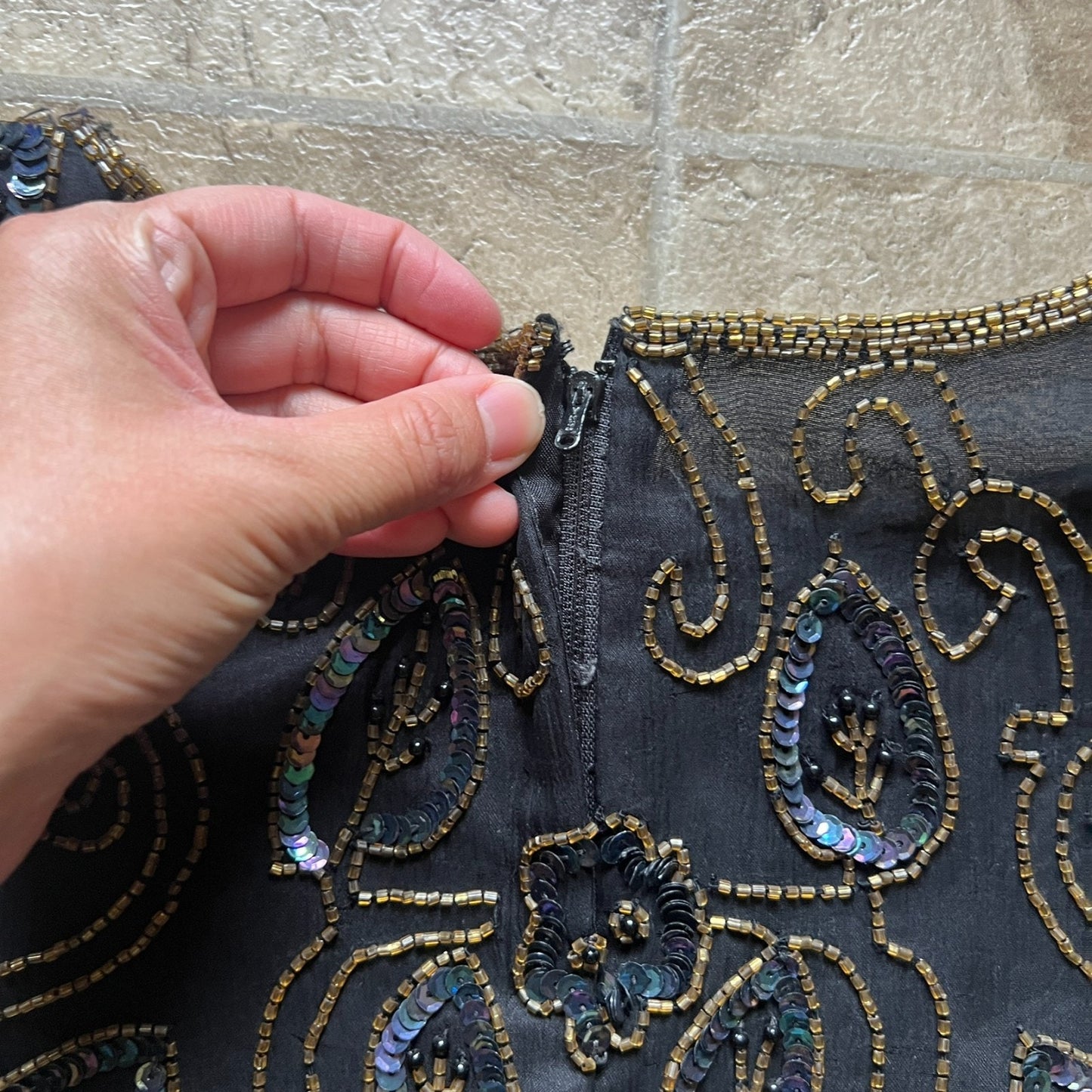 Vintage Womens 100% Silk Beaded Top L Holiday Whimsigoth Victorian Party Glam