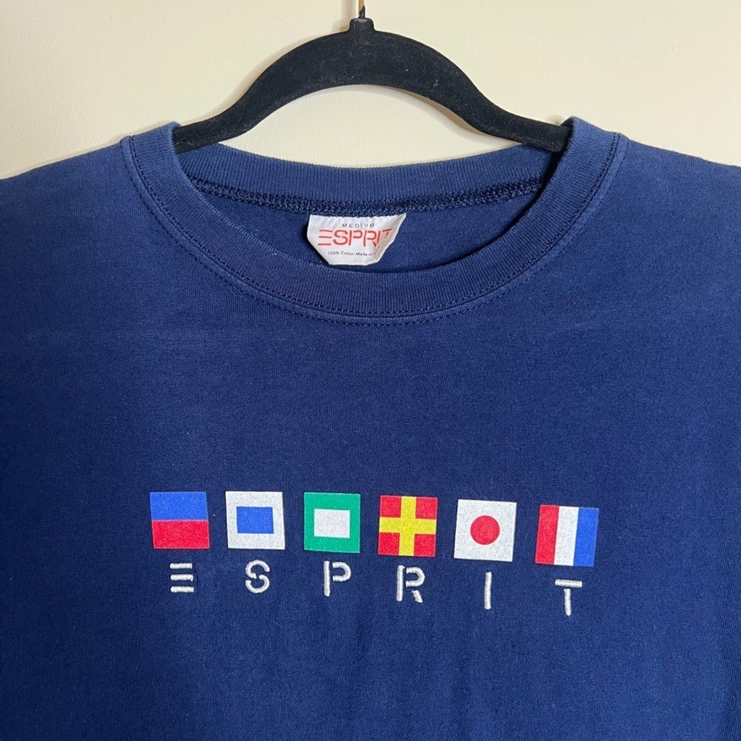 Espirit Mens Spellout Graphic T-Shirt M Navy Country Flags Classic Preppy Sporty