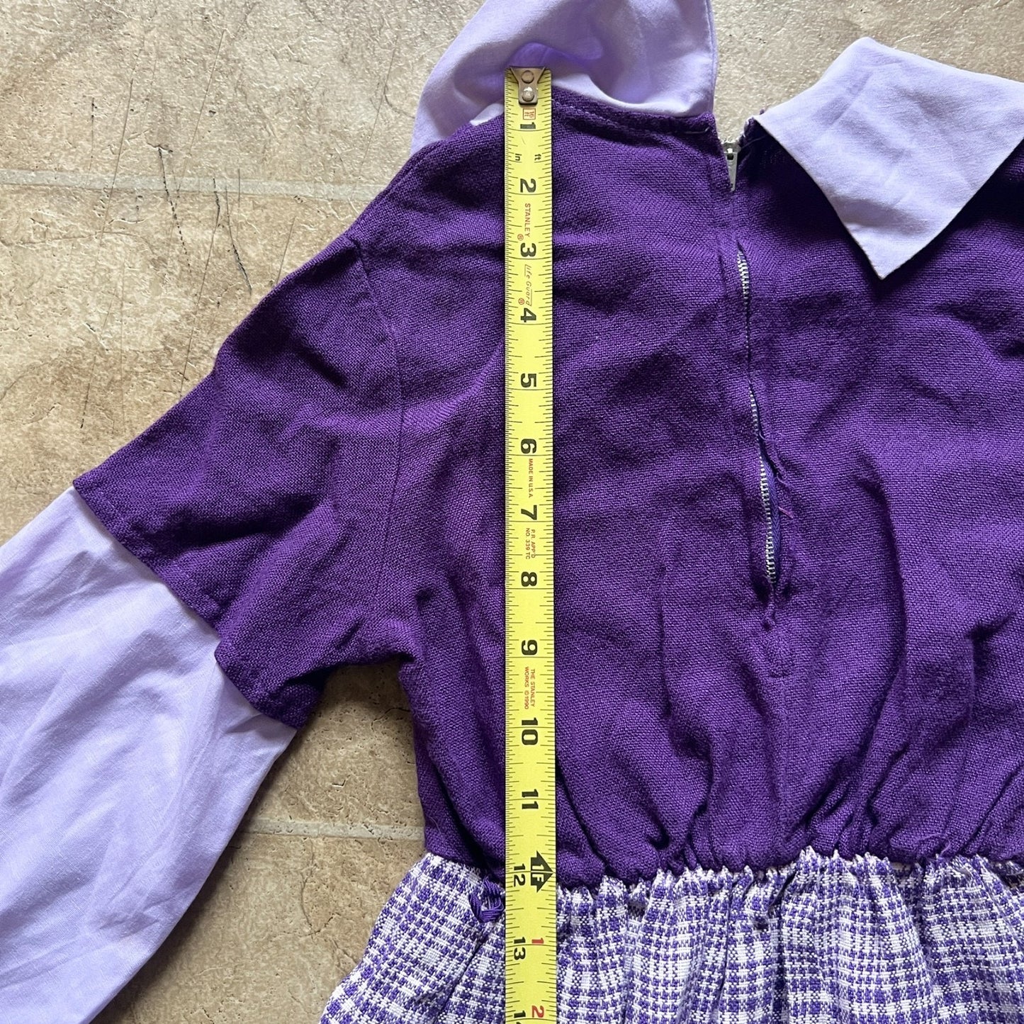 Vintage 70s Girls Purple Plaid Swing Dress Knit Pointed Collar Mod Preppy Academia