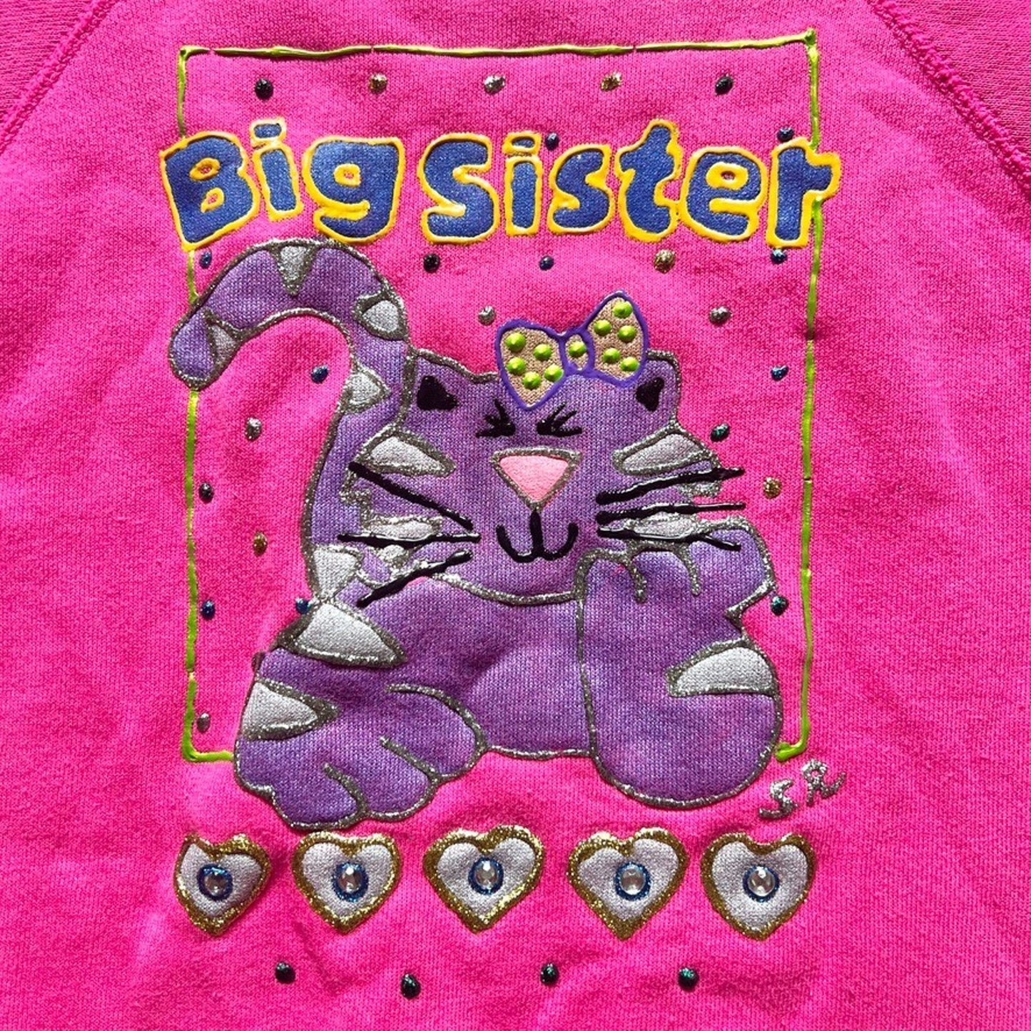 Vtg 90s Hanes Girls Big Sister Cat Sweatshirt M Pink Puffy Paint Cute Nostalgic