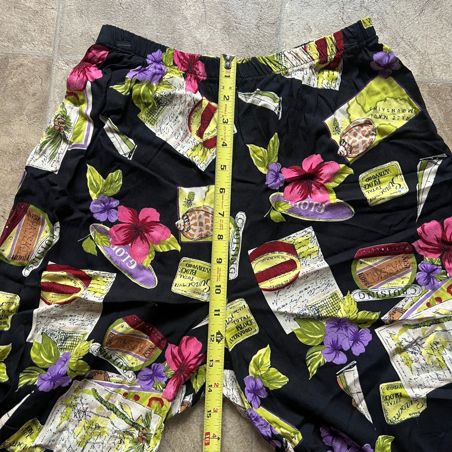 Vtg 90s Womens Pants L Multi-color Novelty Print Beachy Resort Vacation Boho