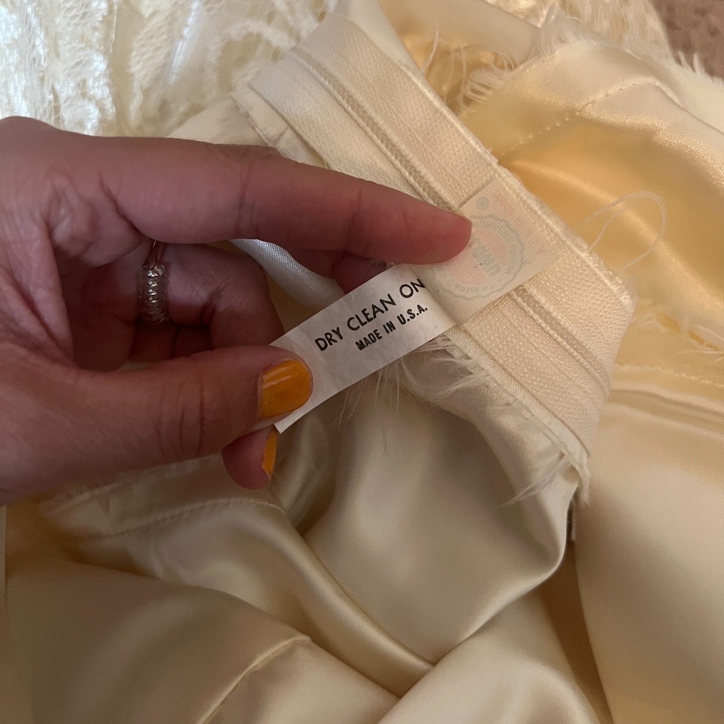 Vintage 70s Womens Maxi Dress Champagne Gold Lace Drop Waist Satin Ribbon Formal Bridal