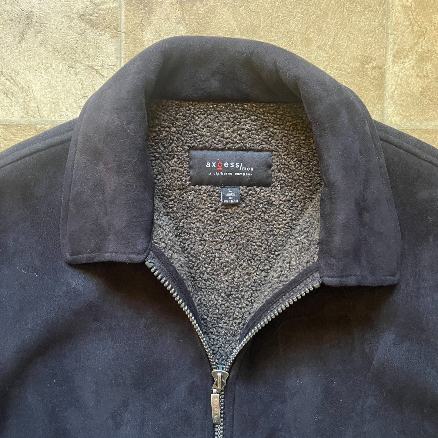 Vintage Axcess Mens Faux Suede Leather Jacket Size L Black Sherpa Lined Full Zip Goth Grunge Classic