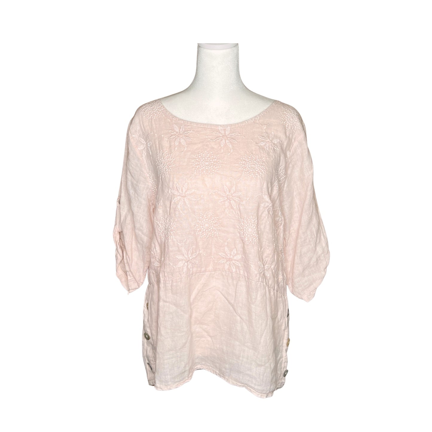 Lungo L’arno Linen Top L Pink Embroidered Mother of Pearl Buttons Coastal Italy