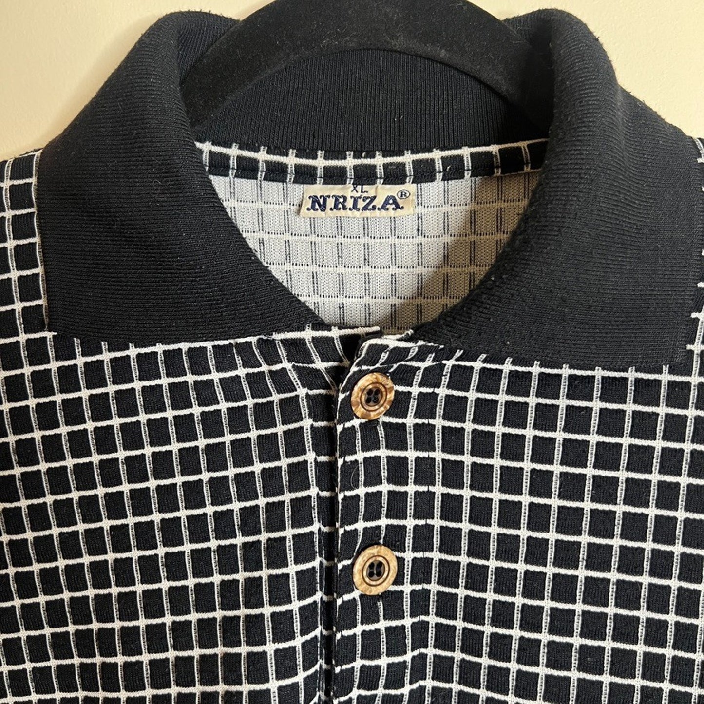 Vtg 90s Nriza Mens Polo Shirt XL Black White Plaid Preppy Golf Mod Minimalist