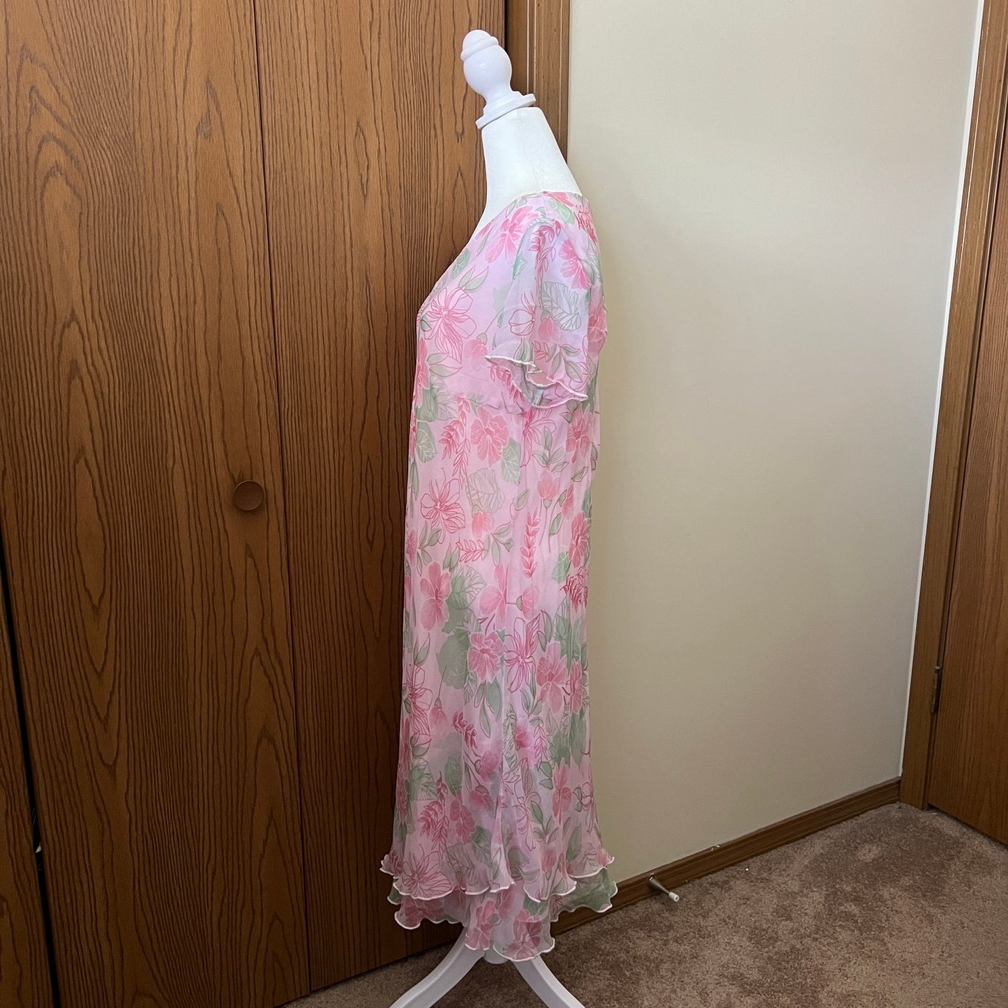 Vtg 90s Fashion Bug Midi Dress 16W Pink Floral Ruffled Feminine Romantic Soft Girl