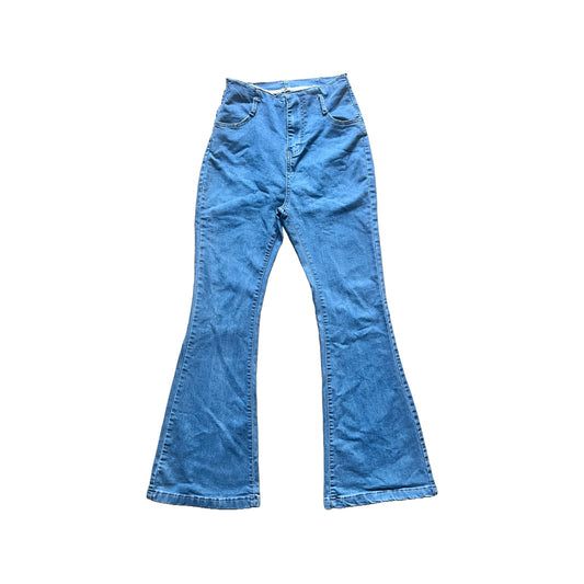 Womens Wide Leg Flare Jeans High Waisted Light Wash Stretchy 70s Inspired