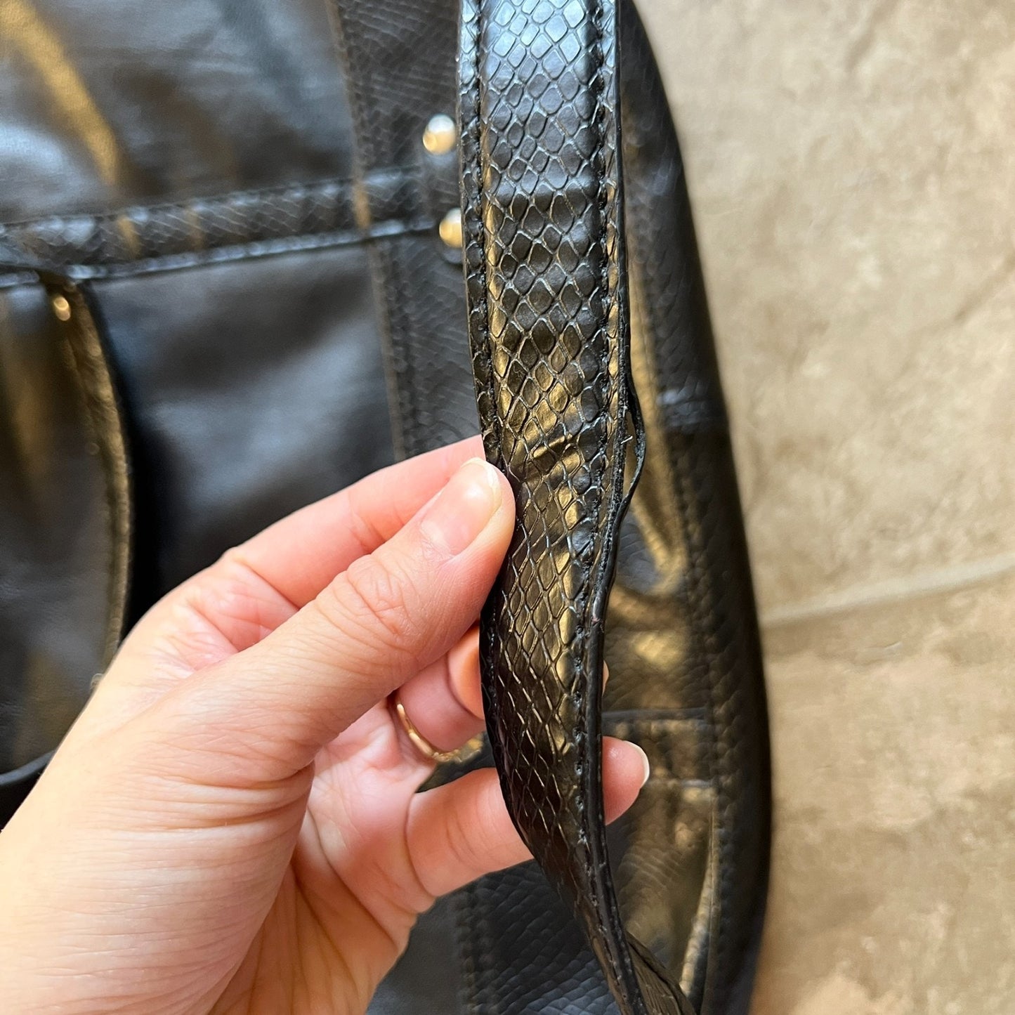 Vtg Y2K Liz Claiborne Black Faux Leather Tote Bag Removable Straps Work Business