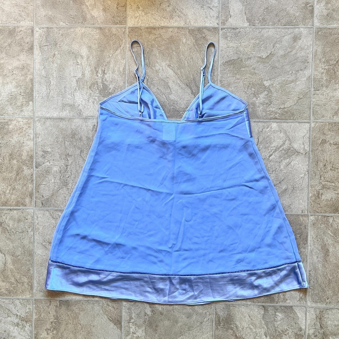 Vintage Y2K Secret Treasures Womens Babydoll Slip Dress Size L Blue Periwinkle Satin Shiny Sheer Ribbon Tie Fairy Romantic