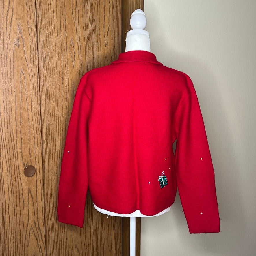 Vtg 90s Karen Scott Christmas Knit Jacket 100% Wool Red Multi-color Embroidered Presents Holiday Teacher Maximalist