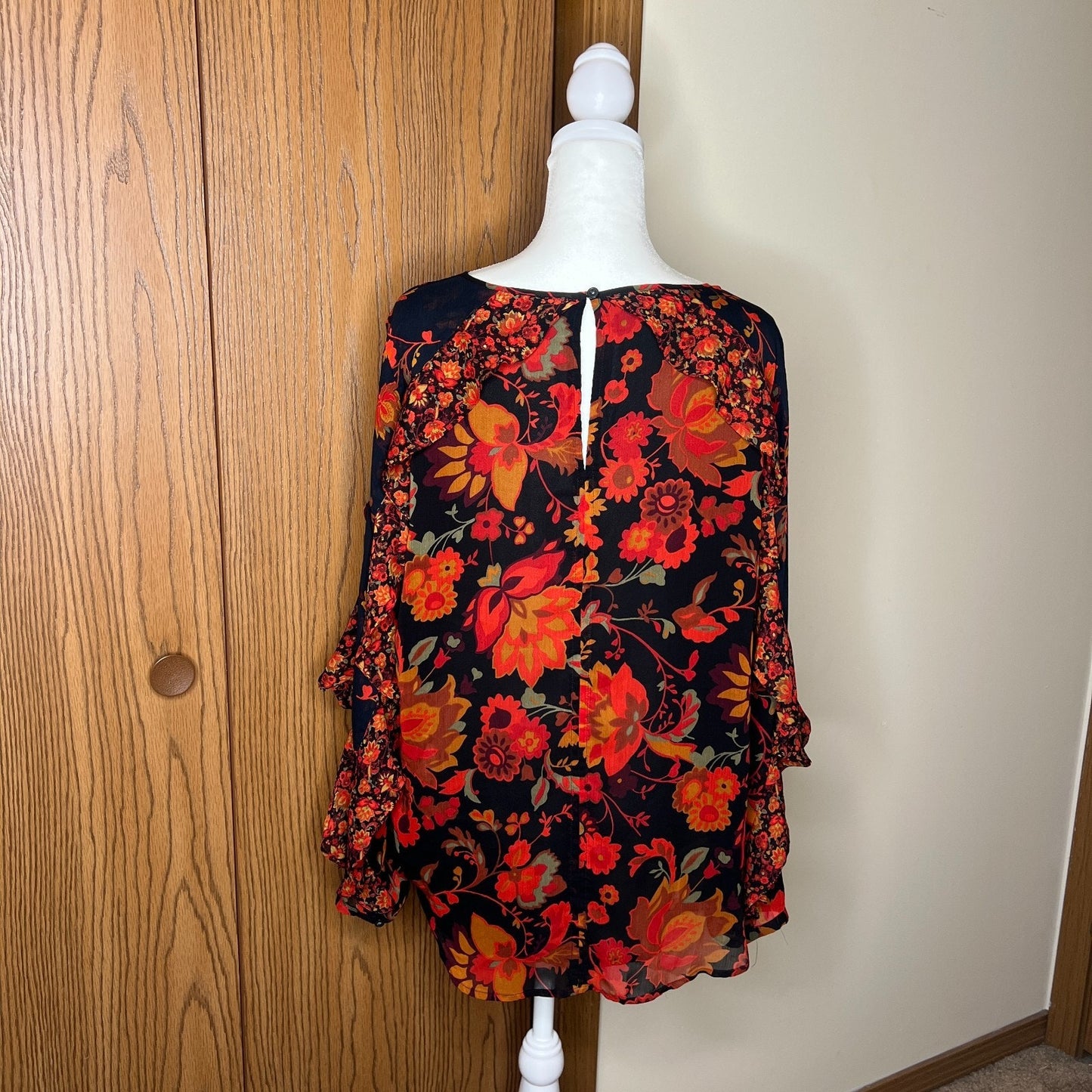 Loft Floral Ruffled Blouse M Black Multi-color Boho Whimsigoth Romantic Hippie