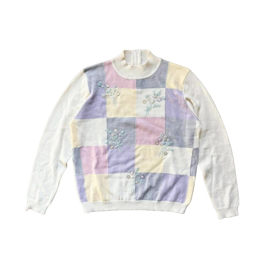 Vintage Alfred Dunner Womens Knit Sweater Size Petite S Multi-color Pastel Wool Blend Patchwork Beaded Sequin