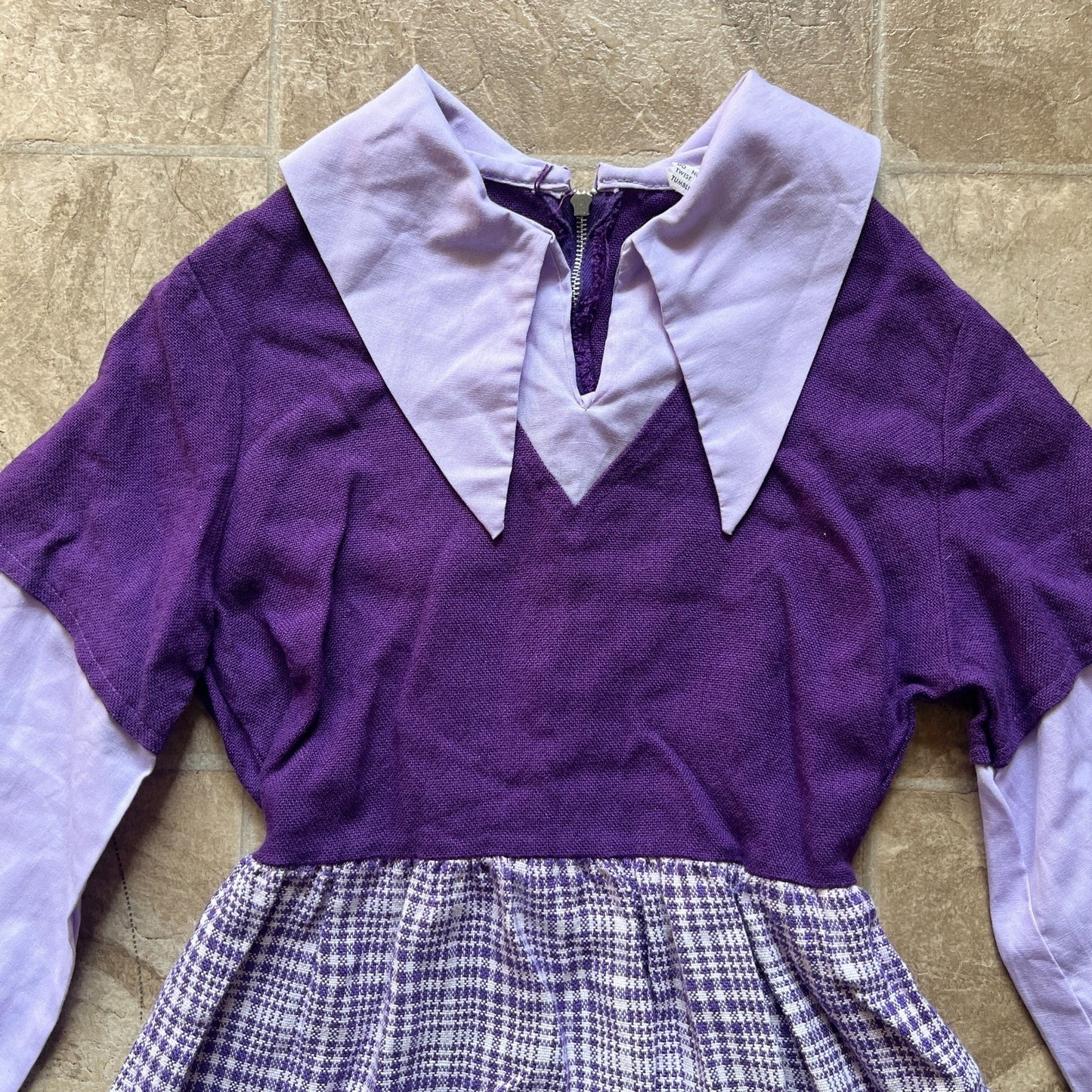 Vintage 70s Girls Purple Plaid Swing Dress Knit Pointed Collar Mod Preppy Academia