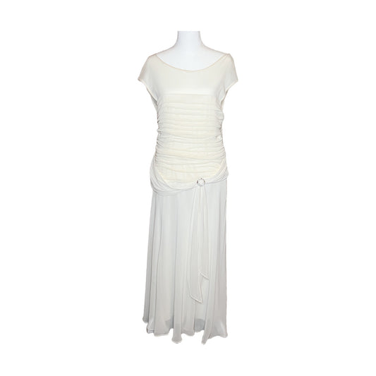 Vintage 90s Sangria Womens Maxi Dress Size 14 Ivory White Ruched Tie Rhinestone Broach Front Sheer Formal Wedding