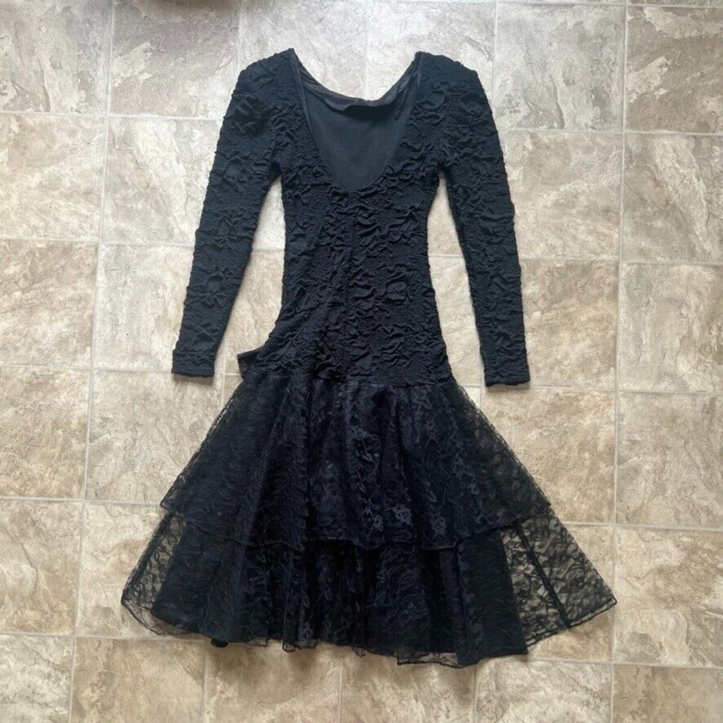 Vtg 80s Frederick's of Hollywood Dress Black Lace Ribbon Drop Waist Witchy Goth