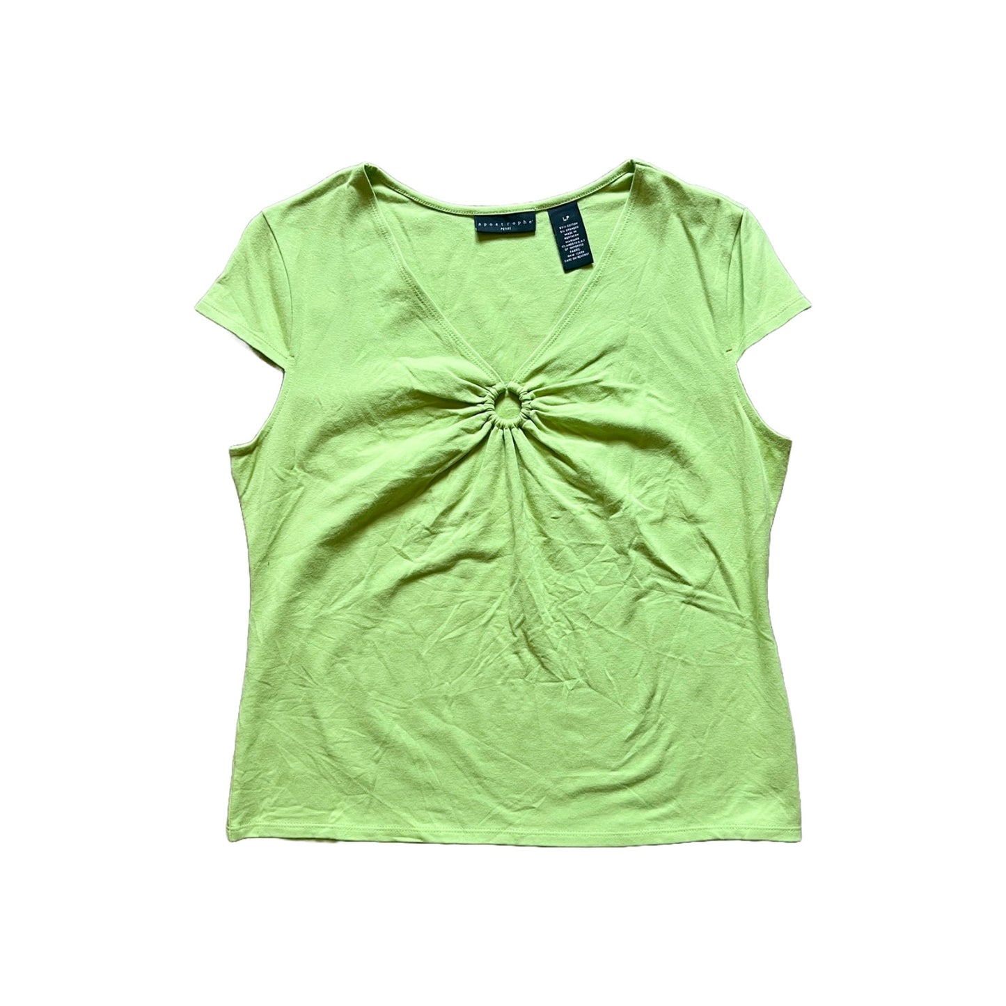 Vintage Y2K Apostrophe Womens Chartreuse Green Top Size LP Ruched Circle Ring