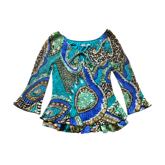 Vintage Y2K Signature by Larry Levine Womens Top Size S Blue Multi-color Leopard Abstract Groovy Trumpet Sleeve Ruffled Stretch Fairy Boho