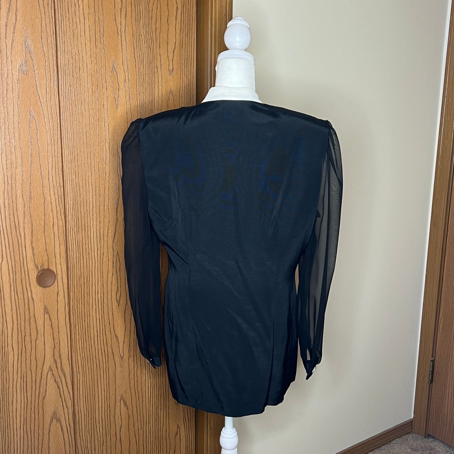 Vtg 80s Petite Perceptions Womens Blouse 12 Black White Sheer Sleeves Pearl Buttons Goth Victorian Holiday