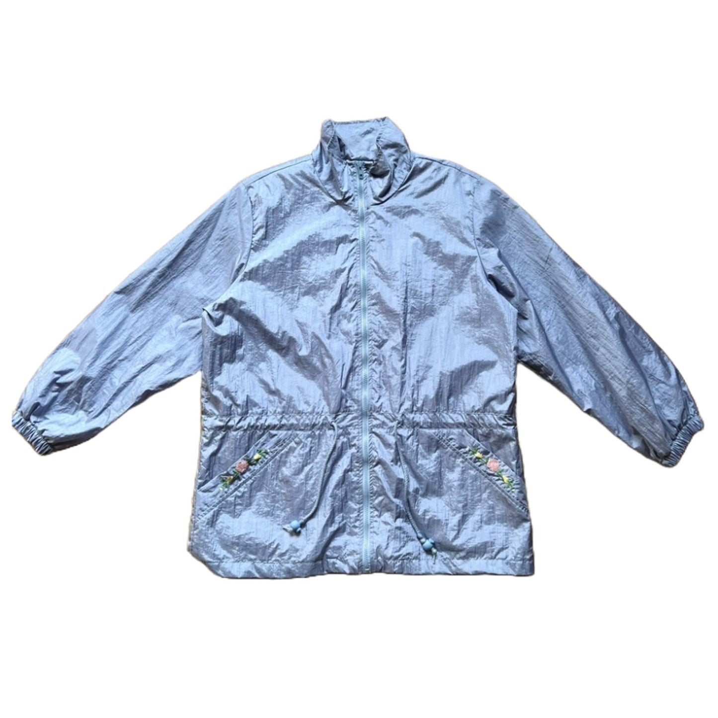 Vintage 80s Blair Womens Windbreaker L Blue Embroidered Flowers Cottage Retro