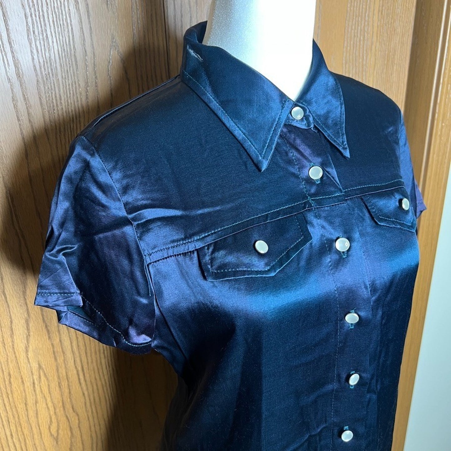 Vtg Y2K Byer Too Dress Navy Satin Shiny Pearl Buttons Office Siren Indie Grunge