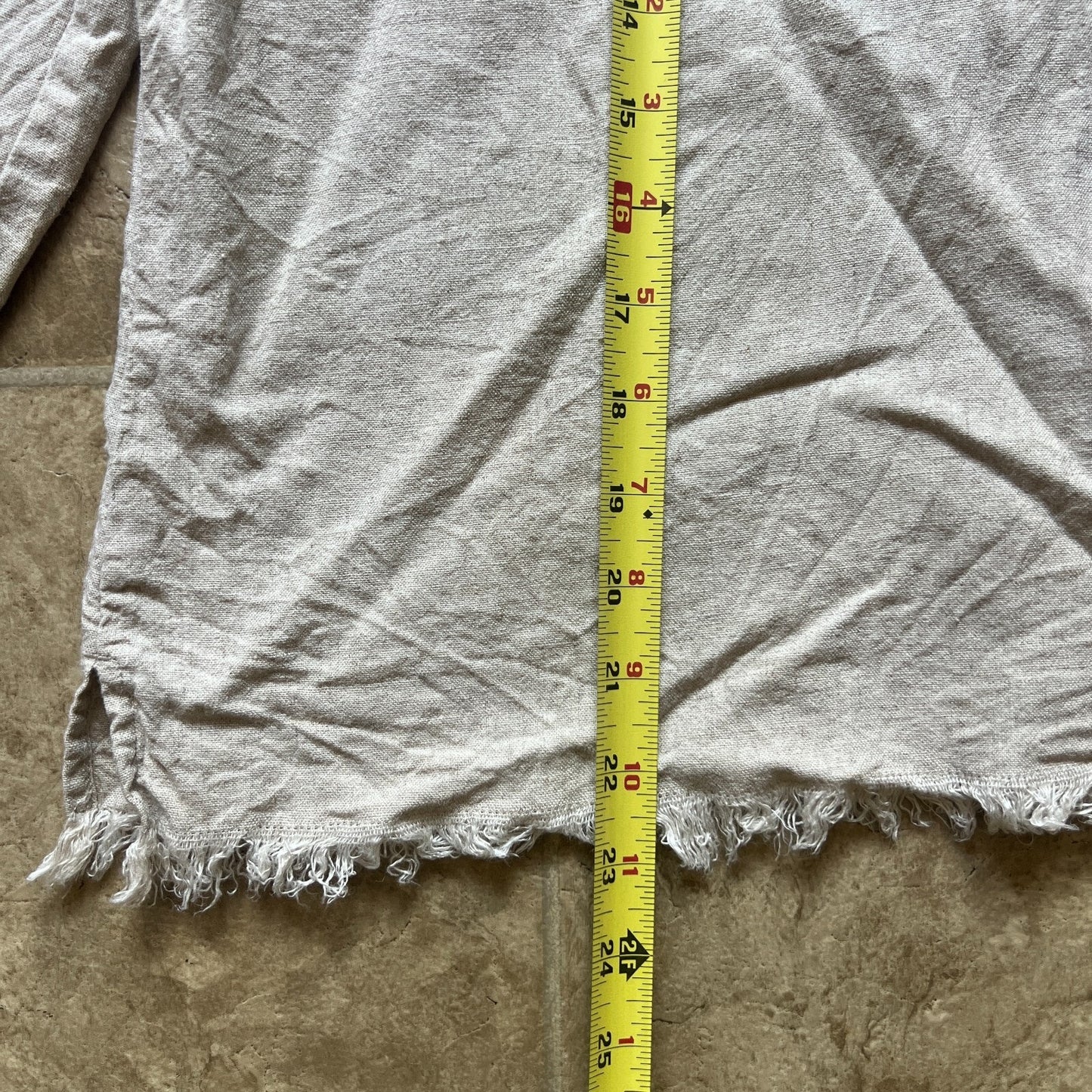 Vtg 90s Womens Linen Blend Top Beige Beaded Fringe Hem Cottage Hippie Indie Boho